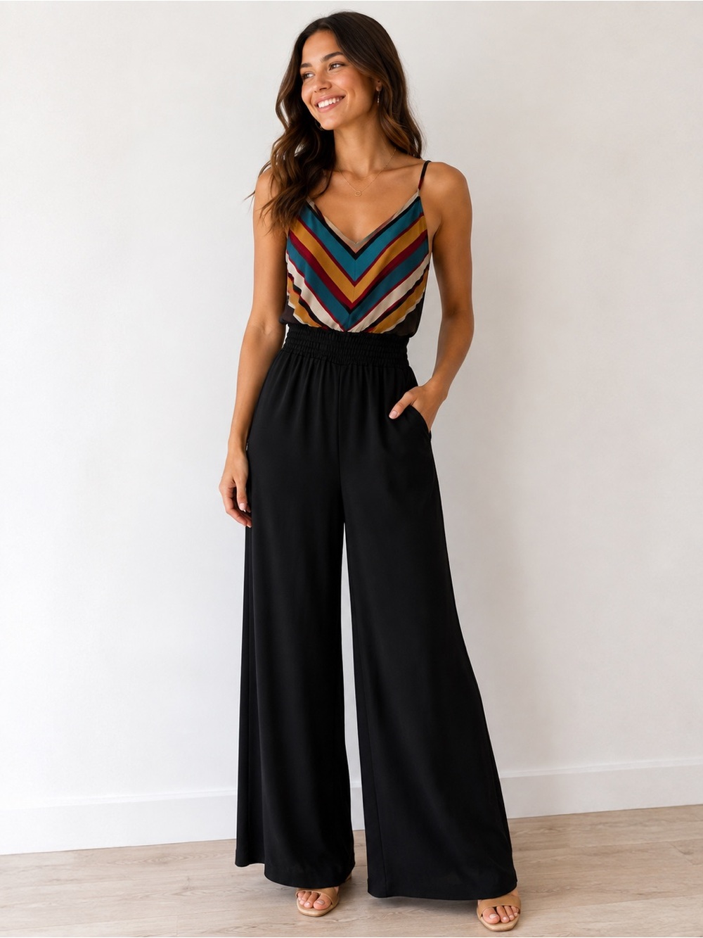Body Central Y2K Chevron Striped Wide Leg Jumpsuit Black Boho Size M